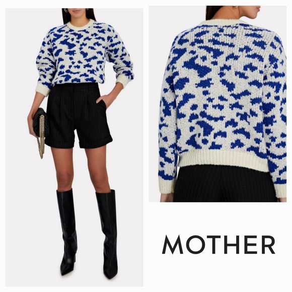 NWT Mother The Crop Alpaca-Blend Jumper Sz. M [8-10] Feline Friends Blue Cream